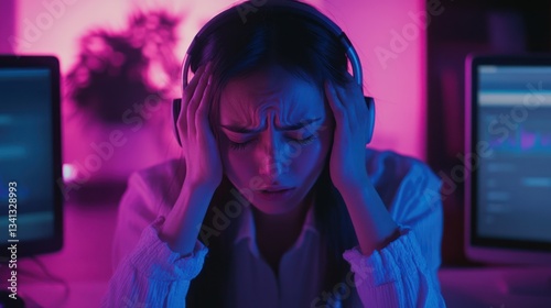 Intense pressure and stress experienced by a remote worker in neon lighting