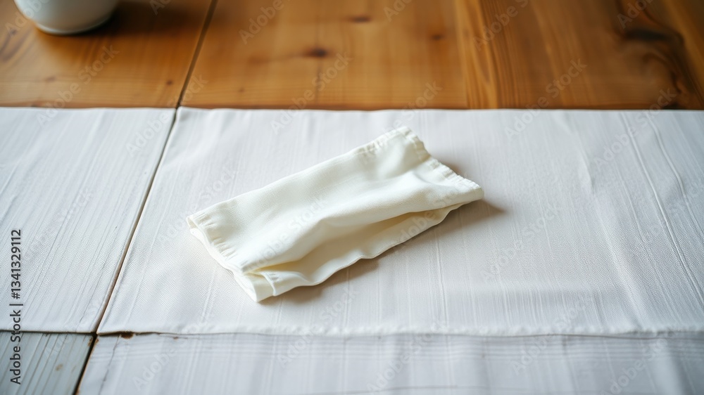 A neatly folded white linen napkin rests on a textured white placemat atop a wooden table A neatly folded white linen napkin rests on a textured white placemat atop a wooden table