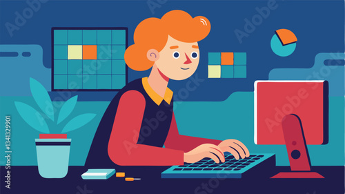 Creative individual working at a desk using a computer while surrounded by elements of digital design in a modern workspace