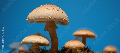 Close-up of a mushroom with clamshell texture and sea-shell details against a blue backdrop photo