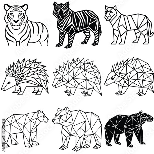 Geometric abstract animals Black animals on white background Trendy mono line vector design