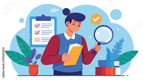 Illustration of a woman examining documents with a magnifying glass in a modern office setting surrounded by plants and organized materials