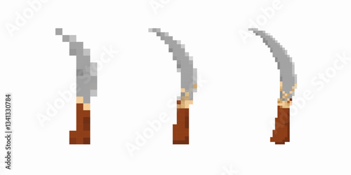 Three pixel art sickles with wooden handles showcase varying designs of curved metal blades.