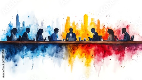 Business Meeting Silhouettes Watercolor Painting, Cityscape Background