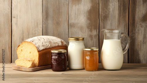 Rustic breakfast setting with fresh bread and dairy products on wooden table
