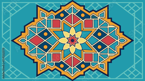 Intricate geometric pattern designed in vibrant colors showcasing a harmonious blend of shapes and hues inspired by traditional art