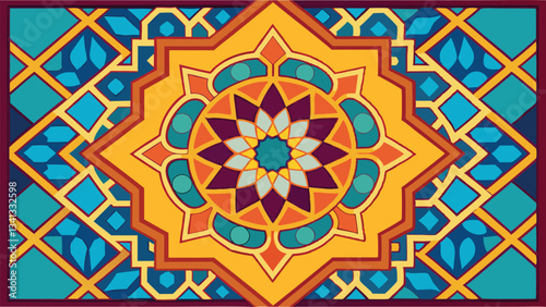 Intricate geometric pattern designed in vibrant colors showcasing a harmonious blend of shapes and hues inspired by traditional art