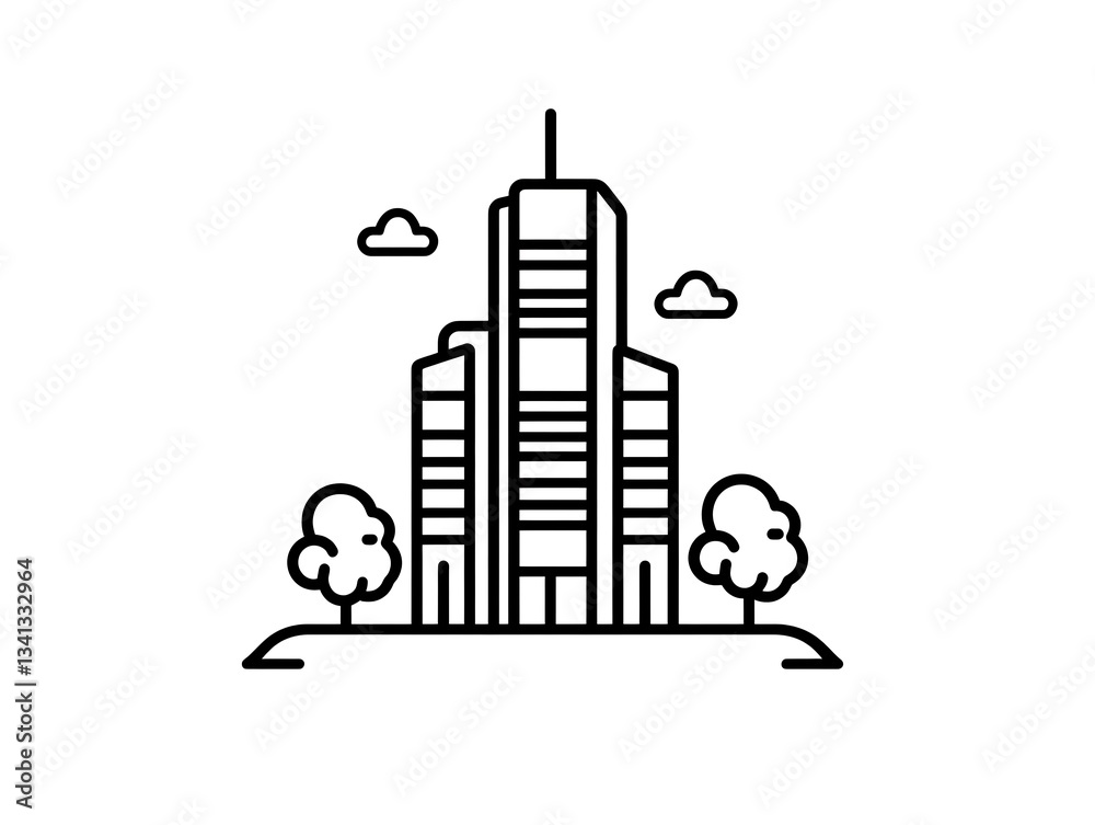 Fototapeta premium Downtown skyscraper with trees and clouds in minimal art style