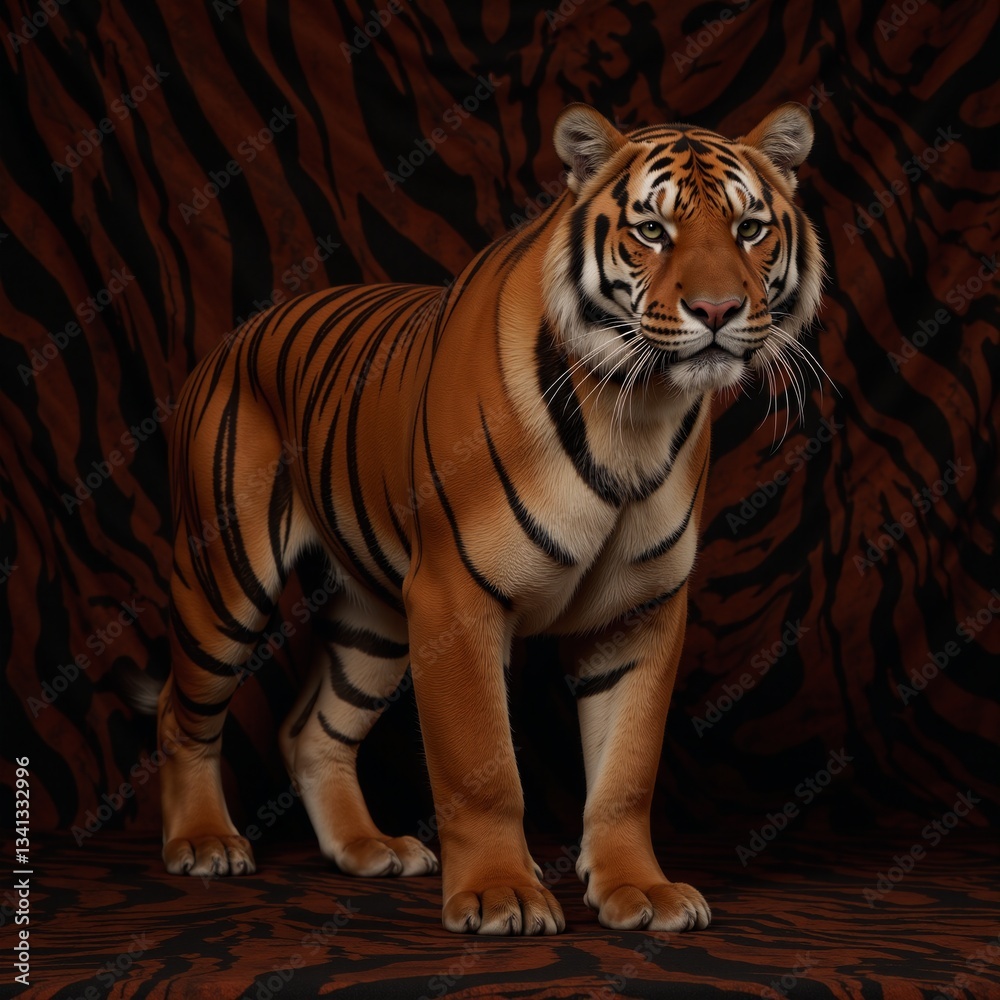 Obraz premium Bengal Tiger on a textured tiger-patterned backdrop with black and orange stripes