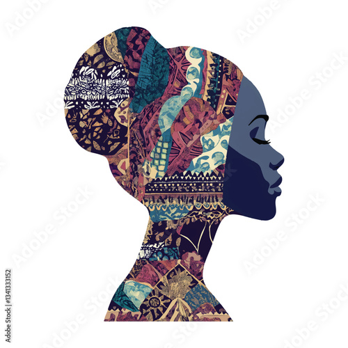 Vector Illustration of African Woman's Head Silhouette with Traditional Patterns, Flat Design, High Contrast, Vibrant Colors