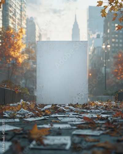 Blank concrete canvas in urban park, scattered with leaves, symbolizing urban art's ephemeral nature. Ideal for creative arts, marketing, & memorial concepts.