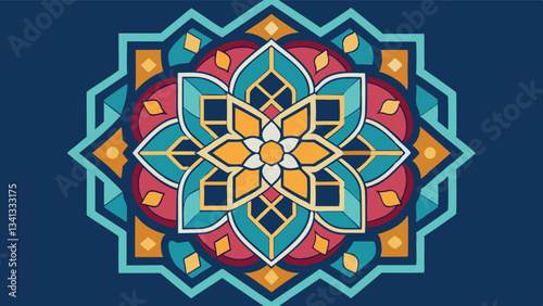 Intricate geometric pattern designed in vibrant colors showcasing a harmonious blend of shapes and hues inspired by traditional art