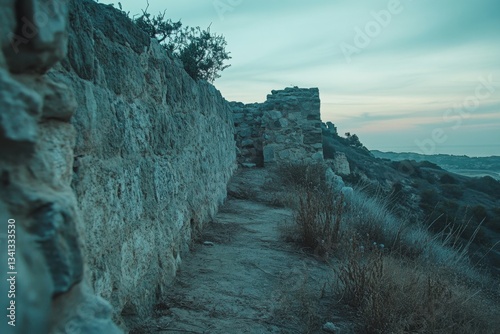 Ancient stone wall pathway at sunset with scenic views