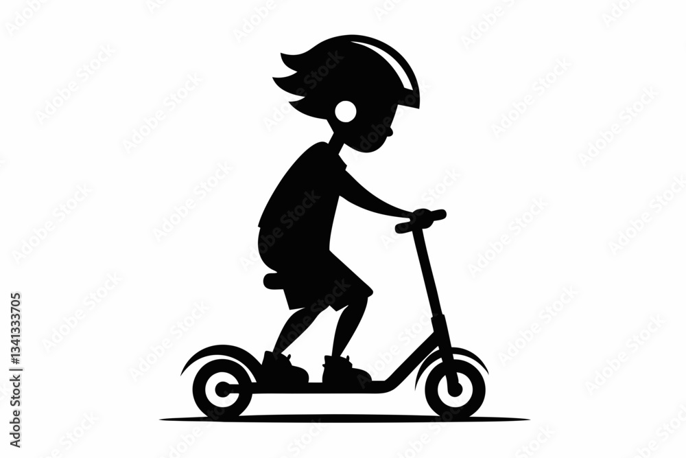 child riding a scooter line art silhouette vector illustration