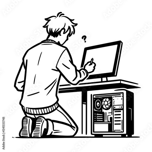 Man fixing computer with confusion on white background