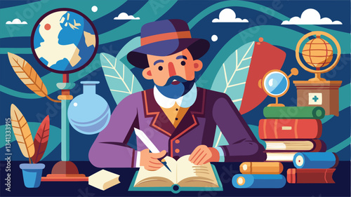 Creative thinker engaged in writing and research in a cozy workspace with books, tools, and natural light during a bright day