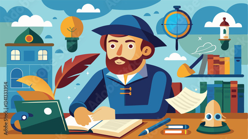 Creative thinker engaged in writing and research in a cozy workspace with books, tools, and natural light during a bright day