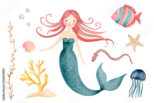 Watercolor cute mermaid, fish, jellyfish, corals. Fairytale sea characters. Water inhabitants. Hand drawn underwater sea life