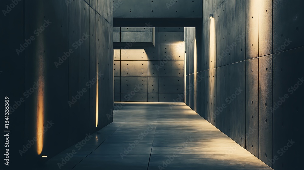 Fototapeta premium Walking Through Concrete Hallway with Light Beam Architecture Design