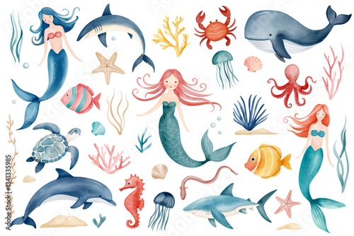 Watercolor marine animals. Water inhabitants. Cute mermaids, fishes, crab, octopus, dolphin. Hand drawn underwater sea life
