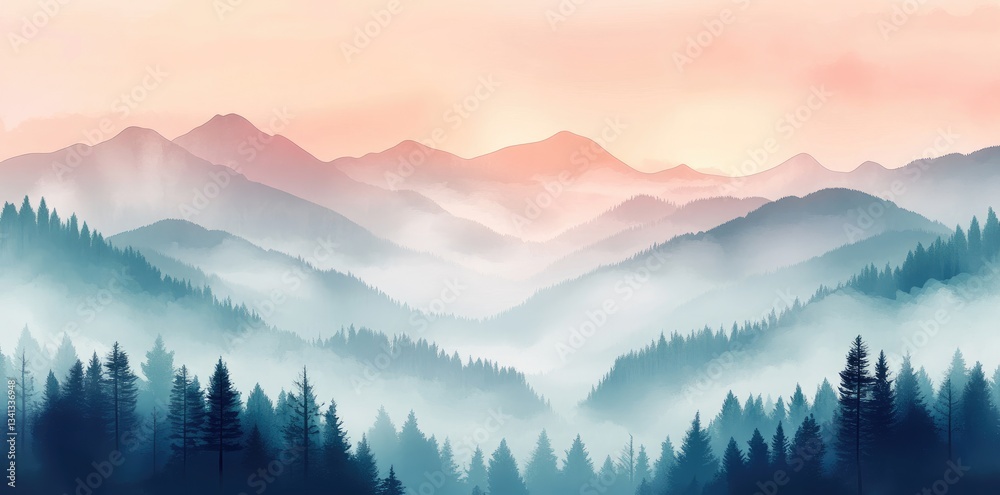 Abstract Foggy Mountain Landscape with Morning Mist and Forest. Soft Color Palette Watercolor Painting, Abstract Art Wallpaper Illustration