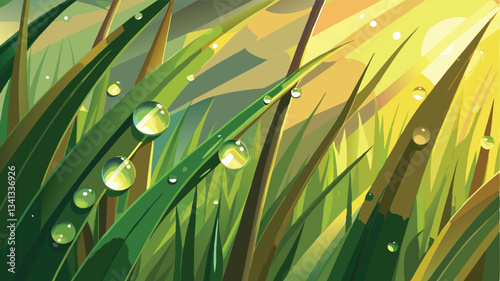 Morning dew glistens on vibrant grass as the sun rises over the hills in a tranquil landscape illustration