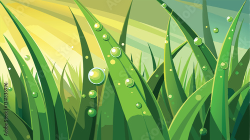 Morning dew glistens on vibrant grass as the sun rises over the hills in a tranquil landscape illustration