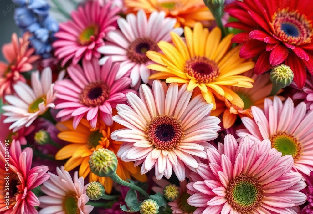 Close-up view of a vibrant, meticulously arranged bouquet of colorful flowers, bloom, vibrant Close-up view of a vibrant, meticulously arranged bouquet of colorful flowers, bloom, vibrant