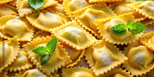 Uncooked ravioli's intricate detail showcased in a panoramic close-up; a tempting prelude to an Italian feast.