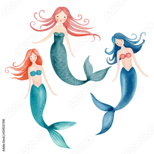Cute watercolor mermaids. Set of hand drawn mermaids. Fairytale water inhabitants. Underwater sea life