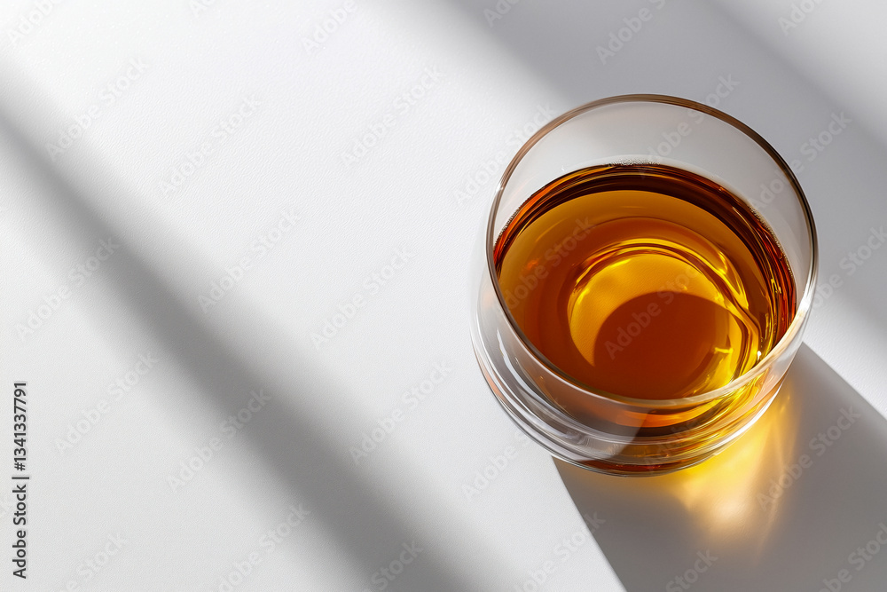 A top-down view of a glass filled with amber liquid, casting a long shadow on a white surface, captured with bright, natural light. A top-down view of a glass filled with amber liquid, casting a long shadow on a white surface, captured with bright, natural light.