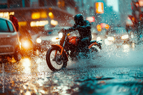 A motorcyclist rides through a flooded city street in heavy rain, with cars and blurred lights in the background.