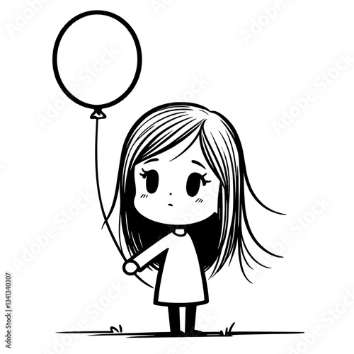 Sad girl holding balloon alone on white background