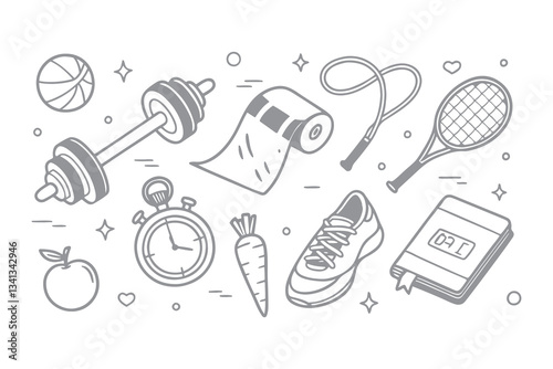 Hand Drawn Sport and Gym Equipment Sketch Icon Set. Doodle Illustrations of Tennis Ball, Water Bottle, Dumbbell, and Fitness Gear. Vector Icons Illustration Background.
