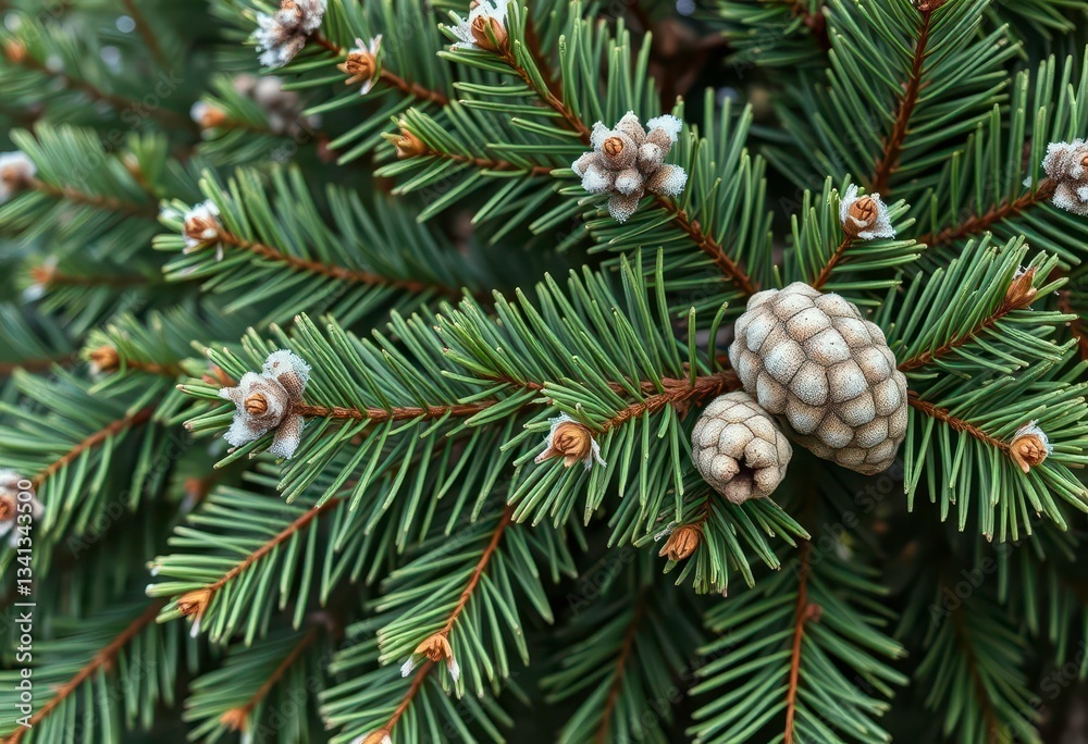 Fototapeta premium Deep green pine branches with fresh needles, cones, and frosted tips, greenery, branches