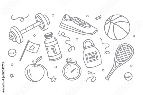 Hand Drawn Sport and Gym Equipment Sketch Icon Set. Doodle Illustrations of Tennis Ball, Water Bottle, Dumbbell, and Fitness Gear. Vector Icons Illustration Background.