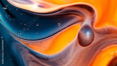 Abstract Fluid Texture In Orange And Blue Hues With Water Droplets Against Dark Background