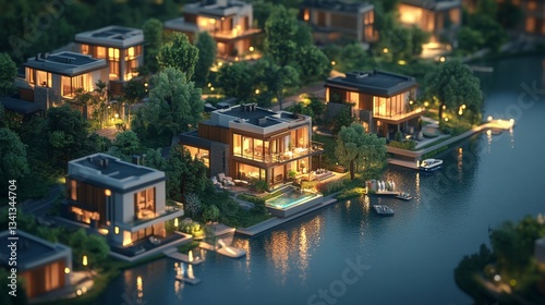 digital 3d isometric illustration of an upscale river lakeside village