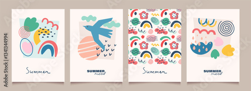 Abstract summer backgrounds with icons or shapes in flat design. Vacation mood. Modern geometric vector illustrations. Trendy  posters, cards, banners, print on shirts.