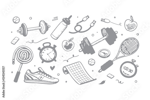 Hand Drawn Sport and Gym Equipment Sketch Icon Set. Doodle Illustrations of Tennis Ball, Water Bottle, Dumbbell, and Fitness Gear. Vector Icons Illustration Background.