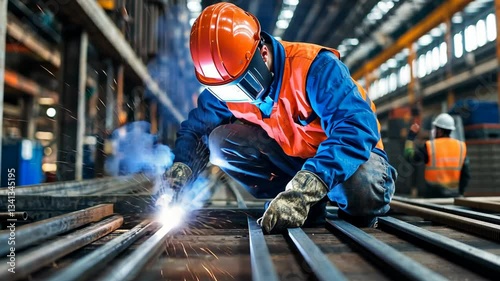 Skilled welder working on metal beams in a factory during daytime surrounded by industrial equipment and machinery