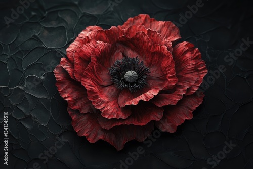 A dramatic close-up of a deep red poppy flower against a dark, textured background.