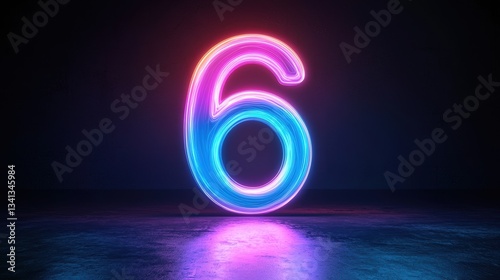 Vibrant blue to purple neon number 6 shining in black darkness photo