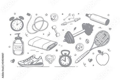 Hand Drawn Sport and Gym Equipment Sketch Icon Set. Doodle Illustrations of Tennis Ball, Water Bottle, Dumbbell, and Fitness Gear. Vector Icons Illustration Background.