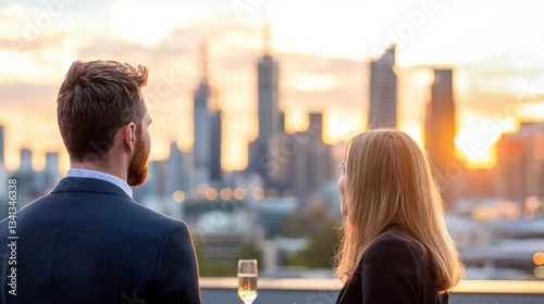Wallpaper Mural Couple Enjoying Sunset Over City Skyline with Wine Glasses Torontodigital.ca