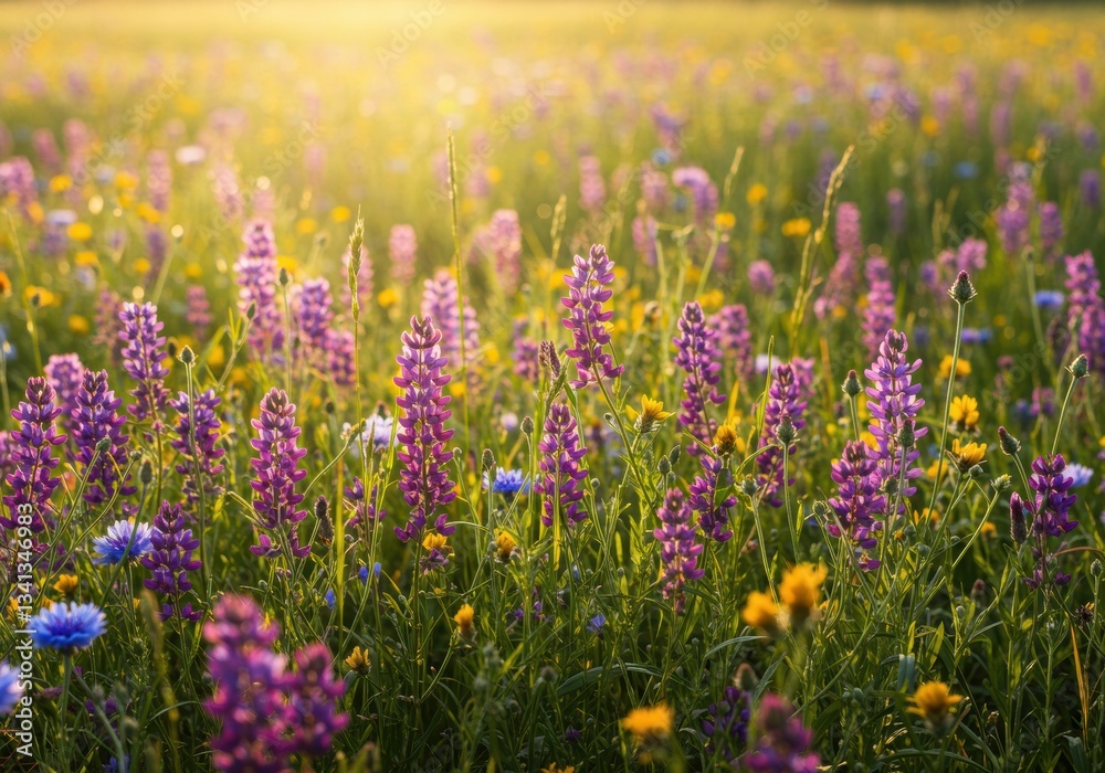 Obraz premium A field of colorful wildflowers bathed in warm sunlight.