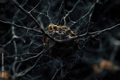 Microscopic view of a neuron cell, intricate network of dendrites and soma.