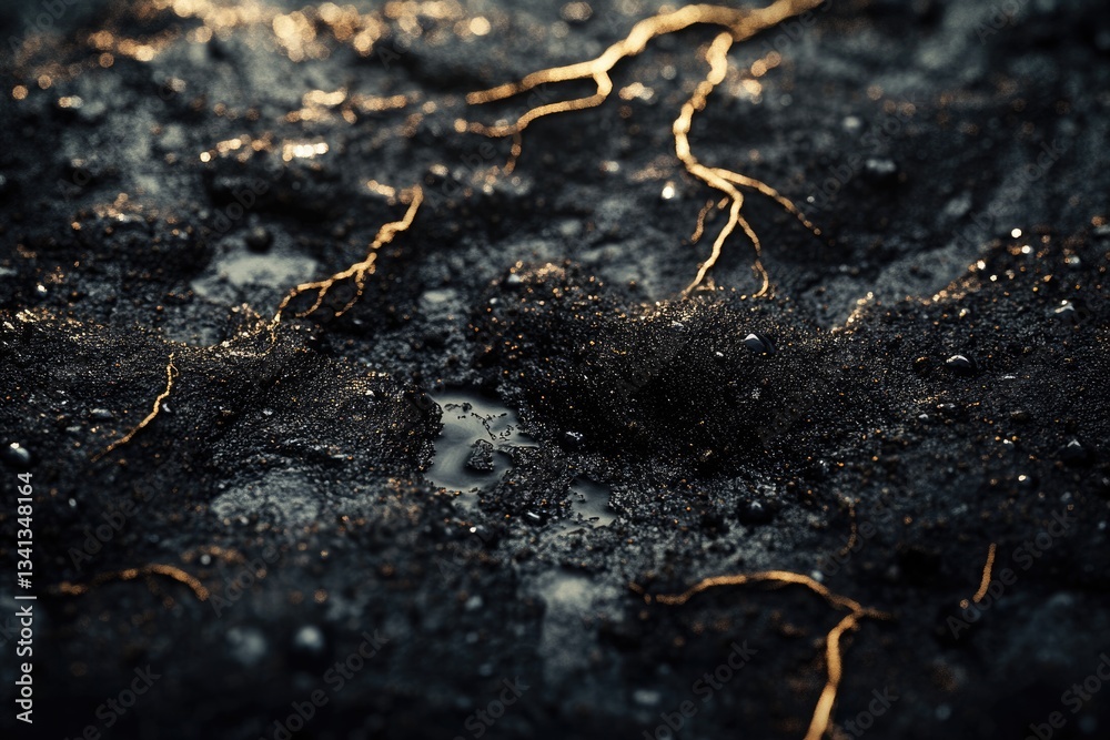 Dark, textured ground with golden cracks and a small puddle, lit by sunlight. Dark, textured ground with golden cracks and a small puddle, lit by sunlight.
