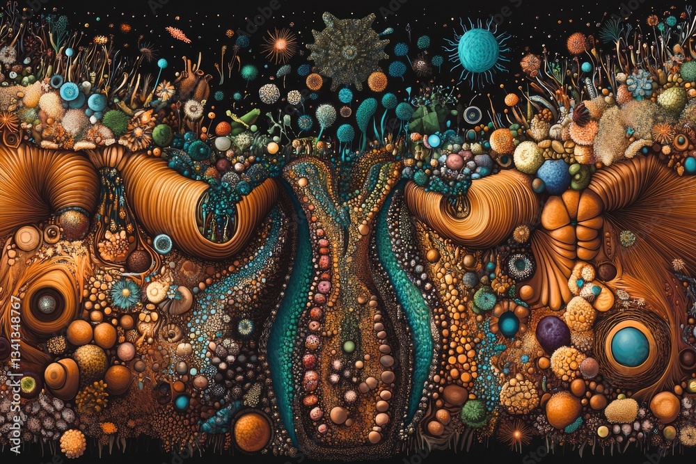 Obraz premium A vibrant microscopic world teeming with diverse organisms and intricate textures, showcasing a captivating blend of colors and forms.