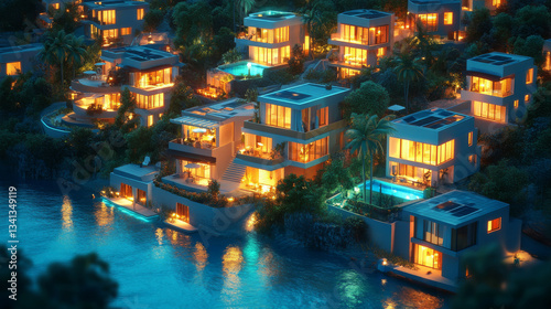 digital illustration of an illuminated futuristic eco-smart riverside community